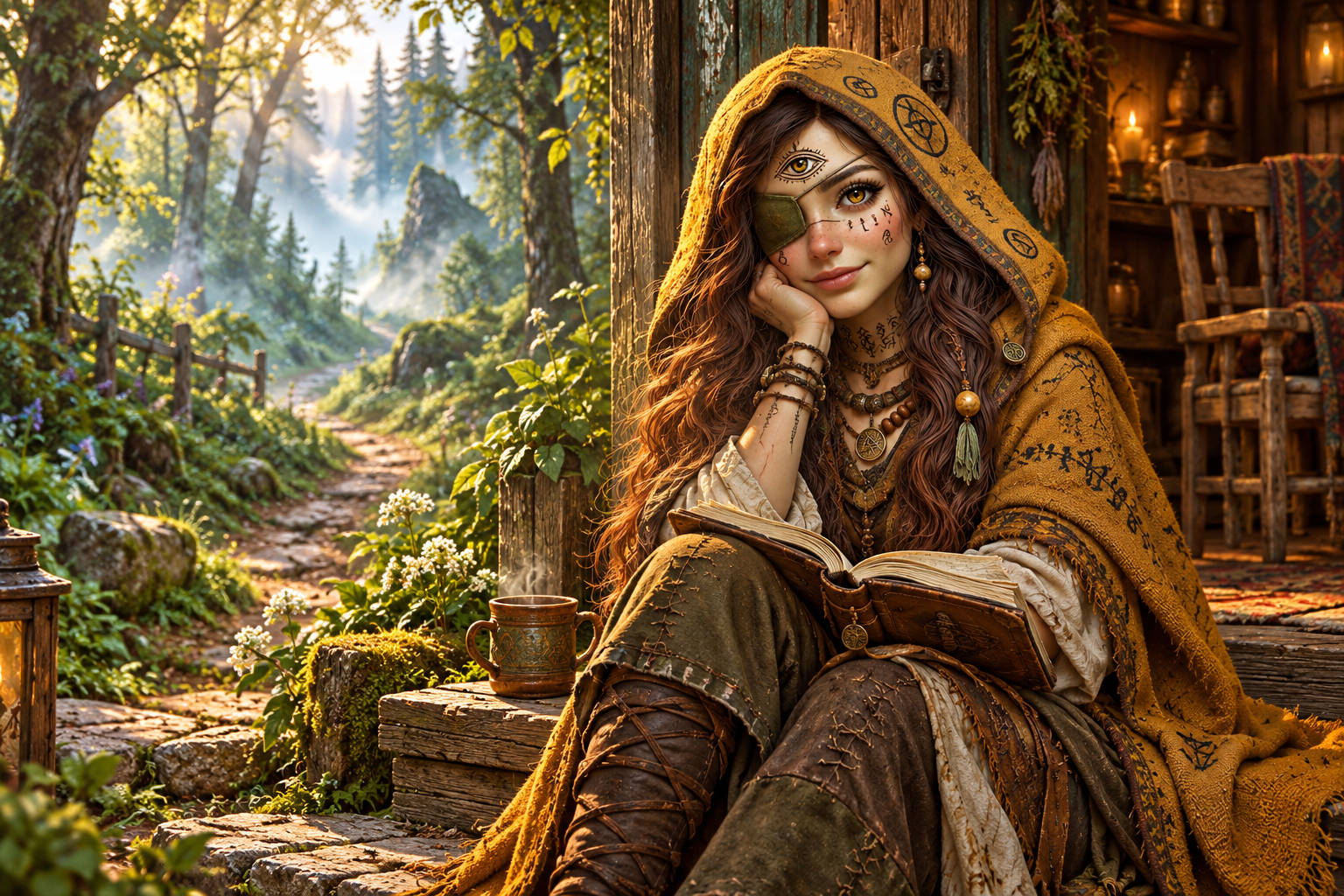 Mumba in her golden cloak, resting with an open journal at a woodland cottage.